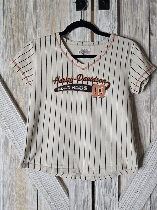 Harley-Davidson Other - Harley-Davidson Cream Pinstripe Tee with Orange Logo Size 12/14